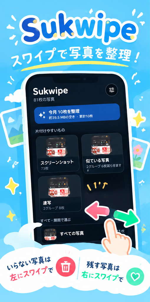スワイプで写真を整理するトップ画面